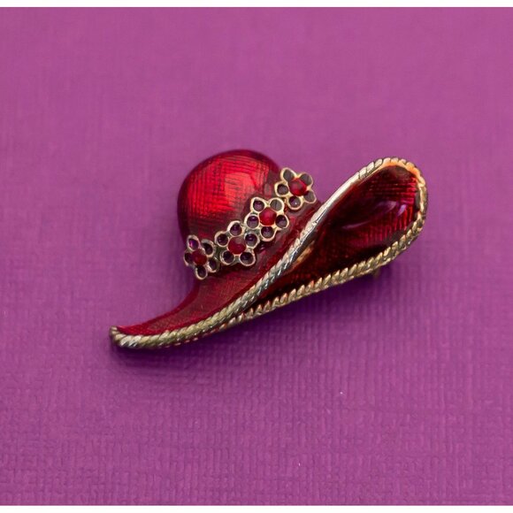 Vintage Mid Century Floral Hat Rhinestone Gold Tone Brooch - Q4 - Picture 1 of 2
